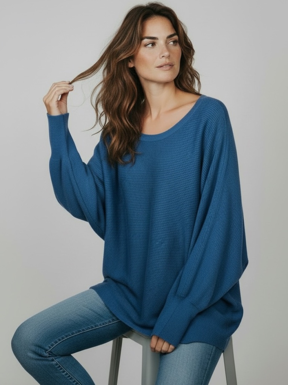 Cupio Ribbed Sweater Top Womens Plus 2XL Cobalt Blue Dolman Tunic Boho Lagenlook